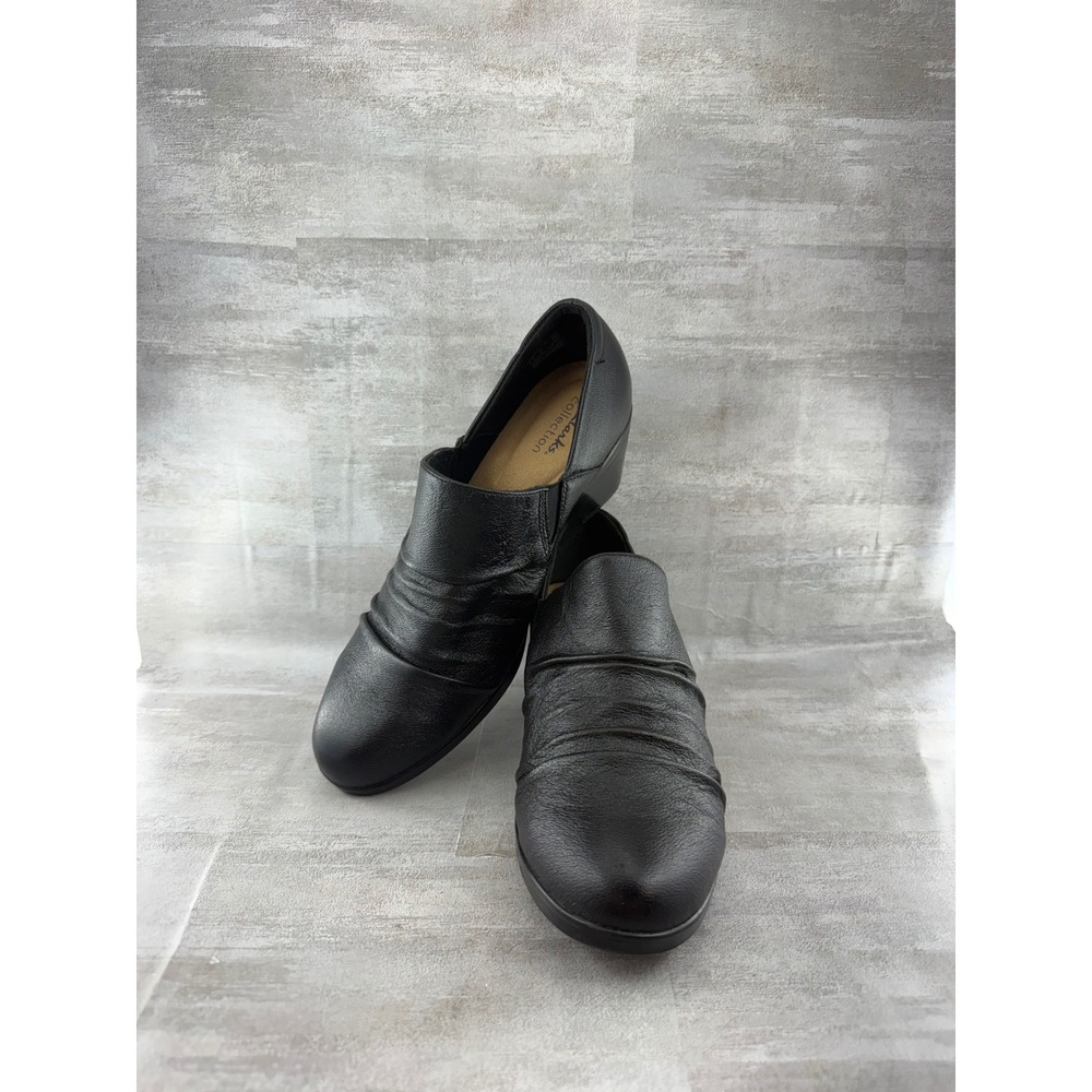 Clarks Collection Black Leather Ruched Slip On Block Heel Shooties Women Sz 10W